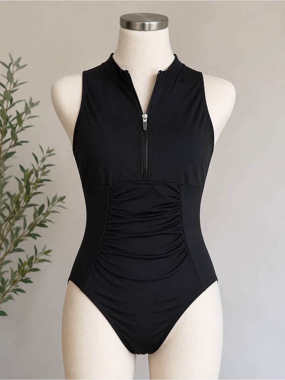 Lands' End Black Zip-Front Ruched One-Piece Swimsuit Size 8 NWOT